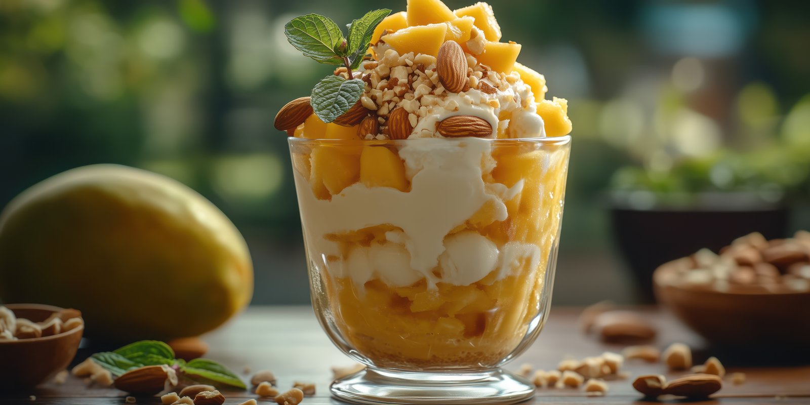 Delicious mango parfait with yogurt, nuts, and toppings served in a glass bowl in natural light